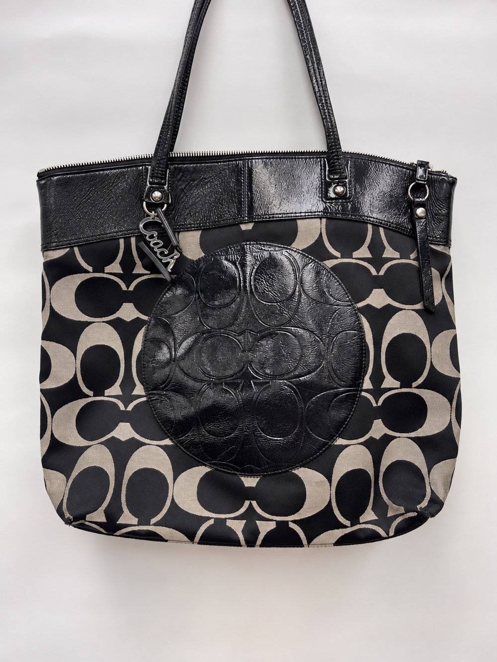 Coach Black and Beige Signature Circle Tote